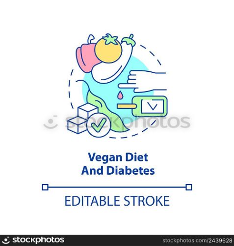 Vegan diet and diabetes concept icon. Lower blood sugar level. Veganism and illness abstract idea thin line illustration. Isolated outline drawing. Editable stroke. Arial, Myriad Pro-Bold fonts used. Vegan diet and diabetes concept icon