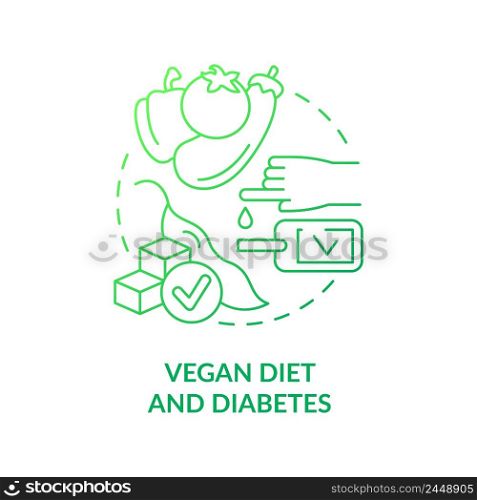 Vegan diet and diabetes green gradient concept icon. Blood sugar level. Veganism and illness abstract idea thin line illustration. Isolated outline drawing. Myriad Pro-Bold font used. Vegan diet and diabetes green gradient concept icon
