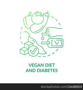 Vegan diet and diabetes green gradient concept icon. Blood sugar level. Veganism and illness abstract idea thin line illustration. Isolated outline drawing. Myriad Pro-Bold font used. Vegan diet and diabetes green gradient concept icon