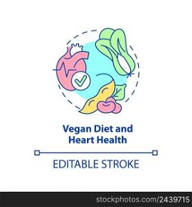 Vegan diet and heart hea<h concept icon. Prevent heart stroke. Veganism and ill≠ss abstract idea thin li≠illustration. Isolated outli≠drawing. Editab≤stroke. Arial, Myriad Pro-Bold fonts used. Vegan diet and heart hea<h concept icon