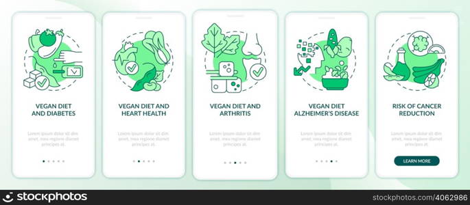Vegan diet and illnesses green onboarding mobile app screen. Walkthrough 5 steps graphic instructions pages with linear concepts. UI, UX, GUI template. Myriad Pro-Bold, Regular fonts used. Vegan diet and illnesses green onboarding mobile app screen