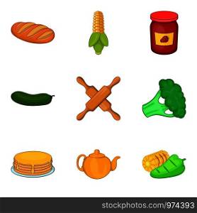 Vegan dietary food icons set. Cartoon set of 9 vegan dietary food vector icons for web isolated on white background. Vegan dietary food icons set, cartoon style