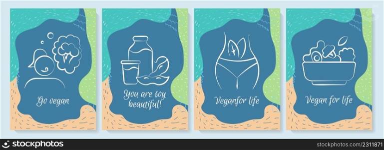 Vegan dieting postcards with linear glyph icon set. Veganism. Greeting card with decorative vector design. Simple style poster with creative lineart illustration. Flyer with holiday wish . Vegan dieting postcards with linear glyph icon set