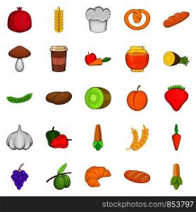 Vegan eatery icons set. Cartoon set of 25 vegan eatery vector icons for web isolated on white background. Vegan eatery icons set, cartoon style