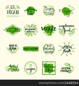 Vegan elements set of green labels logos and signs in retro style isolated vector illustration. Vegan Elements Set