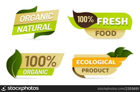 Vegan emblems. Organic natural products labels for retail shop. Fresh and ecological food for eco markets. Packages for bio farm ingredients. Vegetarian healthy eating isolated vector set. Vegan emblems. Organic natural products labels for retail shop. Fresh and ecological food for eco markets