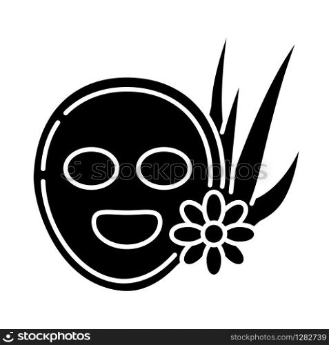 Vegan face mask black glyph icon. Healing skincare treatment. Natural spa procedure. Medicinal herbs for cleansing and moisturizing. Silhouette symbol on white space. Vector isolated illustration
