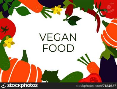 Vegan food banner. Vegetables sketch menu frame. Hand drawn vector design template. Organic healthy market. Fresh tomato, eggplant, cucumber, pumpkin, carrot, and chili pepper. Salad ingredients