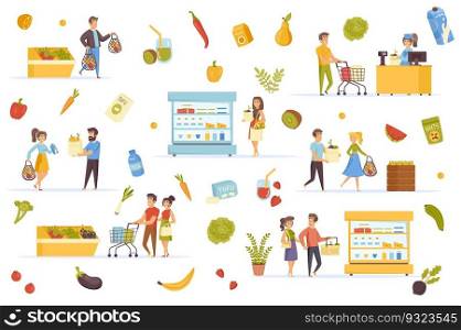 Vegan food bundle of flat scenes. People buying eco products in shop isolated set. Fresh fruits and vegetables, dairy products, buyers with bags elements. Healthy food cartoon vector illustration.