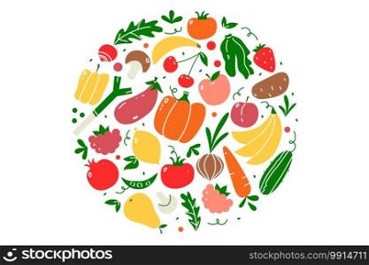 Vegan food doodle set. Hand drawn patterns fruits and berries vegetables vegetarian nutrition or meal menu watermelon mango banana and strawberry. Tropical juice products illustration.. Vegan food doodle set