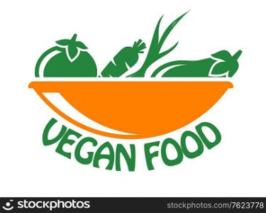 Vegan food icon in stylish green and orange with fresh vegetables in a bowl above the text, isolated on white