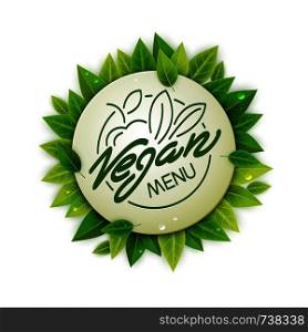 Vegan food menu restaurant advertisement, logo on round banner with leaves, vector illustration