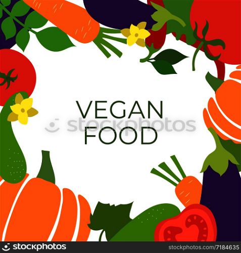 Vegan food. Vegetables sketch menu frame. Hand drawn color vector design template. Organic healthy market. Fresh tomato, eggplant, cucumber, pumpkin, carrot, and chili pepper. Salad ingredients