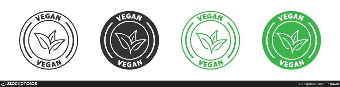 Vegan icon. Green st&with leaf and lettering. Food diet icon. Vector illustration.