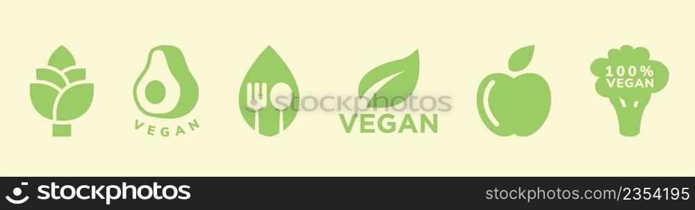 Vegan inspired green flat icons isolated on yellow. 100 natural and healthy food. Vector illustration. Vegan inspired green flat icons isolated on yellow. 100 natural and healthy food