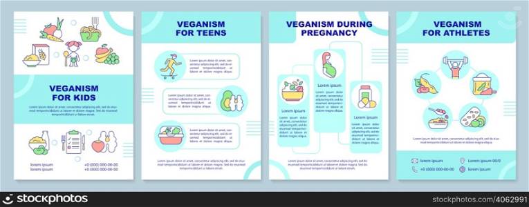 Vegan lifestyle for everyone brochure template. Plant based nutrition. Leaflet design with linear icons. 4 vector layouts for presentation, annual reports. Arial-Black, Myriad Pro-Regular fonts used. Vegan lifestyle for everyone brochure template