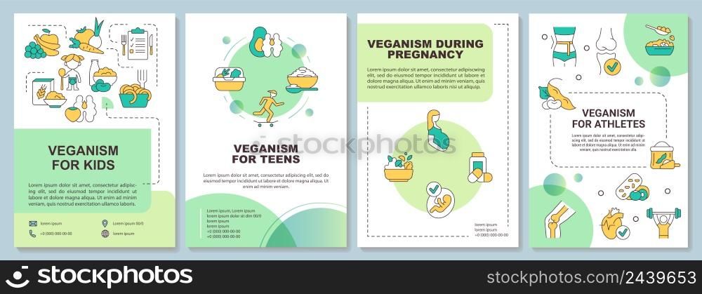 Vegan lifestyle for everyone green brochure template. Leaflet design with linear icons. 4 vector layouts for presentation, annual reports. Arial-Black, Myriad Pro-Regular fonts used. Vegan lifestyle for everyone green brochure template