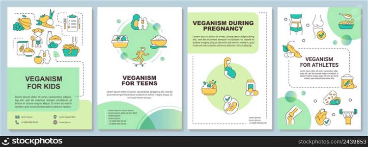 Vegan lifestyle for everyone green brochure template. Leaflet design with linear icons. 4 vector layouts for presentation, annual reports. Arial-Black, Myriad Pro-Regular fonts used. Vegan lifestyle for everyone green brochure template