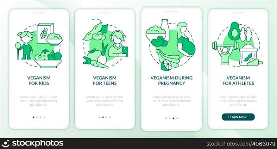 Vegan lifestyle for everyone green onboarding mobile app screen. Walkthrough 4 steps graphic instructions pages with linear concepts. UI, UX, GUI template. Myriad Pro-Bold, Regular fonts used. Vegan lifestyle for everyone green onboarding mobile app screen
