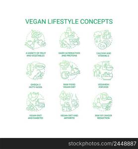 Vegan lifestyle green gradient concept icons set. Plant based nutrition. Abstain animal product idea thin line color illustrations. Isolated symbols. Roboto-Medium, Myriad Pro-Bold fonts used. Vegan lifestyle green gradient concept icons set