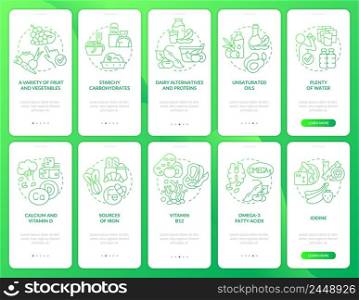 Vegan lifestyle green gradient onboarding mobile app screen set. Walkthrough 5 steps graphic instructions pages with linear concepts. UI, UX, GUI template. Myriad Pro-Bold, Regular fonts used. Vegan lifestyle green gradient onboarding mobile app screen set