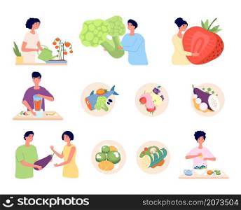 Vegan lifestyle. Organic food, isolated vegetarian nature product. Organic meal of eco farm, people eat antioxidant fruit vegetables utter vector set. Illustration vegetarian people with vegetable. Vegan lifestyle. Organic food, isolated vegetarian nature product. Organic meal of eco farm, people eat antioxidant fruit vegetables utter vector set