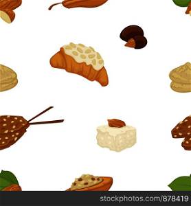 Vegan milk, dairy products and bakery sweets food vector. Seamless pattern isolated on white background, plate served with salad and sauce, hazelnut and glass with organic beverage. Healthy meal. Vegan milk, dairy products and bakery sweets food vector.
