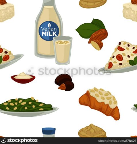 Vegan milk, dairy products and bakery sweets food vector. Seamless pattern isolated on white background, plate served with salad and sauce, hazelnut and glass with organic beverage. Healthy meal. Vegan milk, dairy products and bakery sweets food