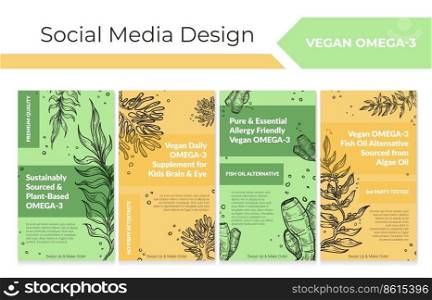 Vegan omega-3 supplement promo at social media set. Plant based and sustainably sourced product for healthy nutrition, vector illustration. Story collection with hand drawn seaweed element. Vegan omega-3 supplement promo at social media set