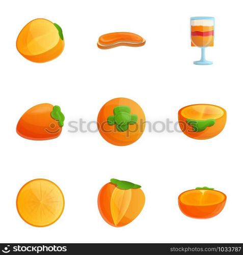 Vegan persimmon icon set. Cartoon set of 9 vegan persimmon vector icons for web design isolated on white background. Vegan persimmon icon set, cartoon style