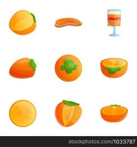 Vegan persimmon icon set. Cartoon set of 9 vegan persimmon vector icons for web design isolated on white background. Vegan persimmon icon set, cartoon style