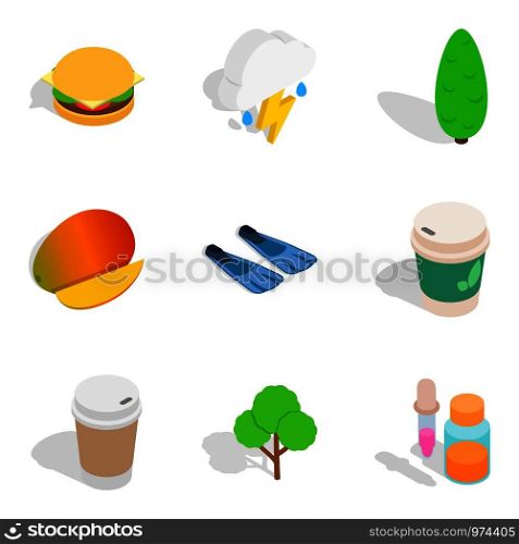 Vegan place icons set. Isometric set of 9 vegan place vector icons for web isolated on white background. Vegan place icons set, isometric style