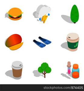 Vegan place icons set. Isometric set of 9 vegan place vector icons for web isolated on white background. Vegan place icons set, isometric style
