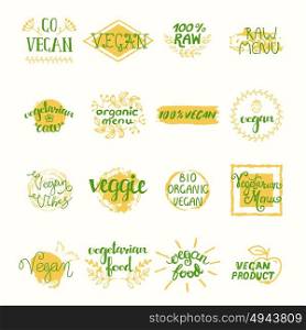 Vegan Retro Elements Set. Vegan retro elements set of labels stickers tags badges and emblems isolated vector illustration