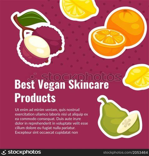 Vegan skincare products, best cosmetics with natural and organic ingredients. Pear and orange elements and vitamins. Promo banner, advertisement or healthy food presentation. Vector in flat style. Best vegan skincare products for healthy skin