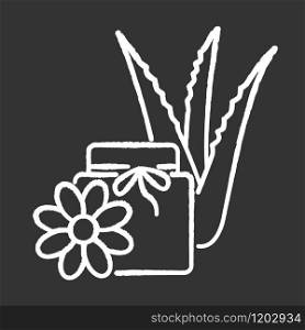 Vegan wax chalk white icon on black background. Cream with floral extract. Organic lotion in jar with aloe vera. Medicinal herbs product. Beauty treatment. Isolated vector chalkboard illustration