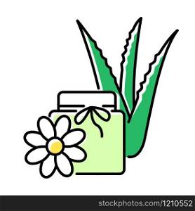 Vegan wax green color icon. Cream with floral extract. Organic lotion in jar with aloe vera. Medicinal herbs product. Plant based cosmetic. Beauty treatment. Isolated vector illustration