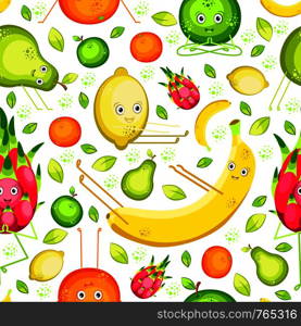 Vegan Yoga. Fruits do yoga. Seamless pattern. Banana, lemon, orange, apple, pear, pitahaya Flat style For fruit shop food cafe fitness club. Fruits do yoga. Seamless pattern. Banana, lemon, orange, apple, pear, pitahaya