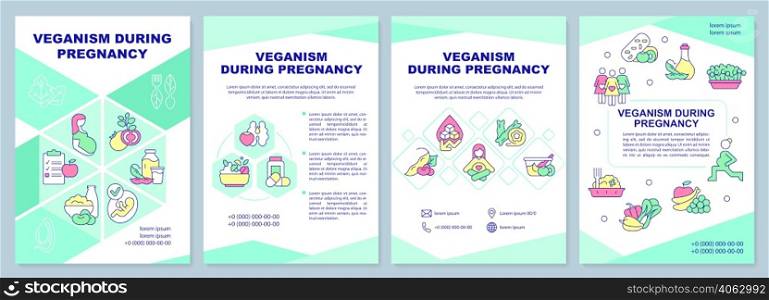 Veganism during pregnancy brochure template. Balanced nutrition. Leaflet design with linear icons. 4 vector layouts for presentation, annual reports. Arial-Black, Myriad Pro-Regular fonts used. Veganism during pregnancy brochure template
