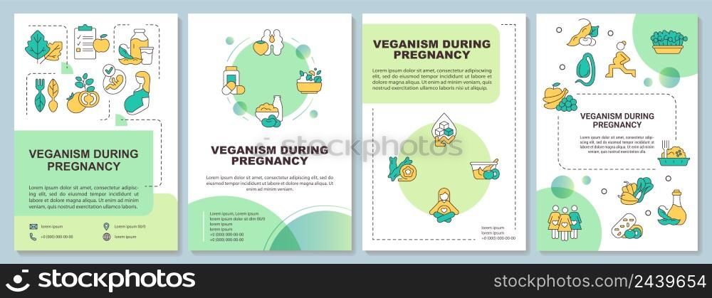 Veganism during pregnancy green brochure template. Balanced nutrition. Leaflet design with linear icons. 4 vector layouts for presentation, annual reports. Arial-Black, Myriad Pro-Regular fonts used. Veganism during pregnancy green brochure template