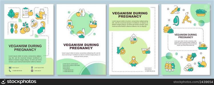 Veganism during pregnancy green brochure template. Balanced nutrition. Leaflet design with linear icons. 4 vector layouts for presentation, annual reports. Arial-Black, Myriad Pro-Regular fonts used. Veganism during pregnancy green brochure template