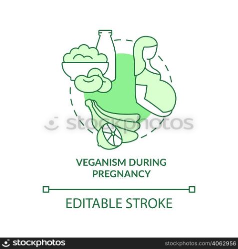Veganism during pregnancy green concept icon. Essential nutrients. Vegan lifestyle abstract idea thin line illustration. Isolated outline drawing. Editable stroke. Arial, Myriad Pro-Bold fonts used. Veganism during pregnancy green concept icon
