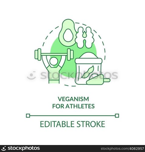 Veganism for athletes green concept icon. Diet plan for sportsmen. Vegan lifestyle abstract idea thin line illustration. Isolated outline drawing. Editable stroke. Arial, Myriad Pro-Bold fonts used. Veganism for athletes green concept icon