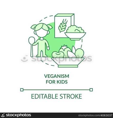 Veganism for kids green concept icon. Essential nutrients. Vegan lifestyle abstract idea thin line illustration. Isolated outline drawing. Editable stroke. Arial, Myriad Pro-Bold fonts used. Veganism for kids green concept icon