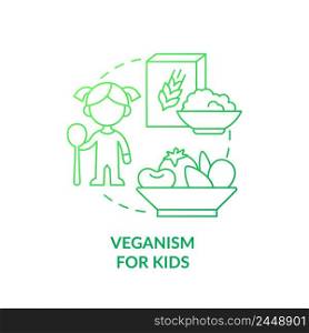 Veganism for kids green gradient concept icon. Essential nutrients for children. Vegan lifestyle abstract idea thin line illustration. Isolated outline drawing. Myriad Pro-Bold font used. Veganism for kids green gradient concept icon