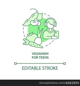 Veganism for teens green concept icon. Essential nutrients. Vegan lifestyle abstract idea thin line illustration. Isolated outline drawing. Editable stroke. Arial, Myriad Pro-Bold fonts used. Veganism for teens green concept icon