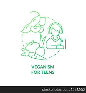 Veganism for teens green gradient concept icon. Essential nutrients for teenagers. Vegan lifestyle abstract idea thin line illustration. Isolated outline drawing. Myriad Pro-Bold font used. Veganism for teens green gradient concept icon