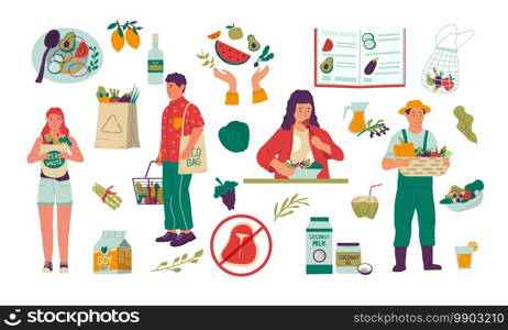 Vegans and organic food. Cartoon vegetarians with natural eco products. Cooking and eating meal without meat. Isolated men and women carry reusable bags or grow ecological vegetables. Vector flat set. Vegans and organic food. Cartoon vegetarians with eco products. Cooking and eating meal without meat. Isolated men and women carry reusable bags or grow ecological vegetables, vector set