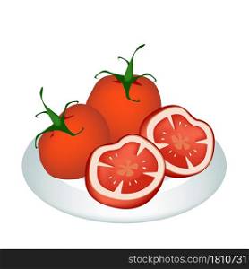 Vegetable, An Illustration of Fresh Ripe Red Tomatoes and Tomatoes Cross Section on A Beautiful white Dish