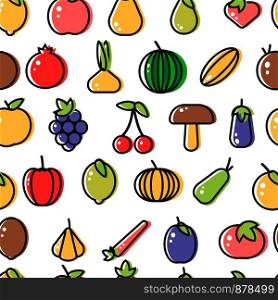 Vegetable and fruits organic food seamless pattern isolated on white vector. Pomegranate with juicy apple, pear and grapes, cherry and lemon. Peach and tomato, mushroom and garlic with onion. Vegetable and fruits organic food seamless pattern isolated on white vector.